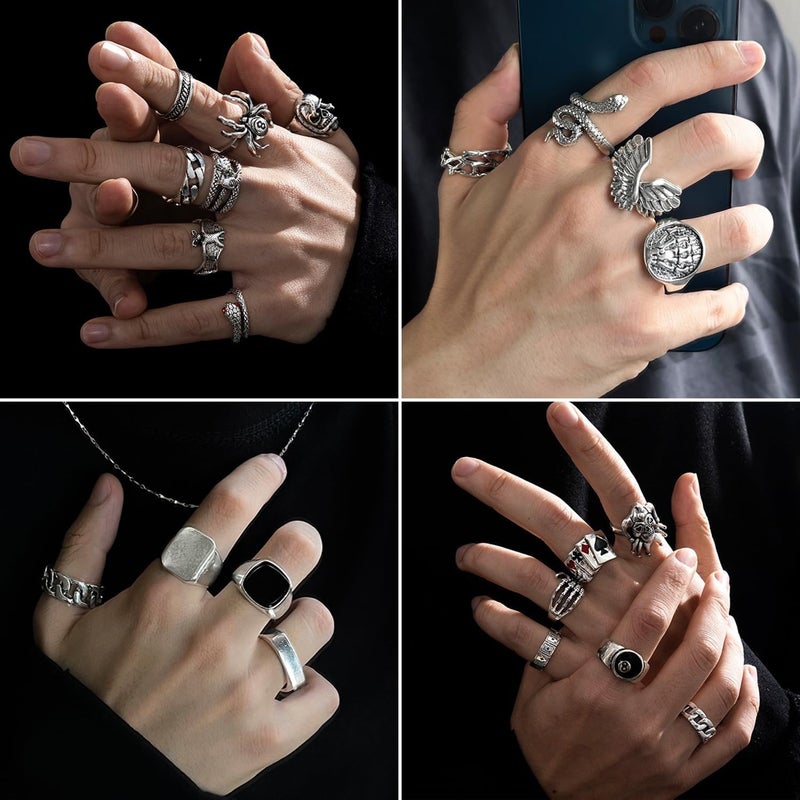 Acruccen 26 Pcs Vintage Silver Punk Rings Set for Men Cool Gothic Chunky Rings Statement Snake Wing Signet Ring Set - Image 3